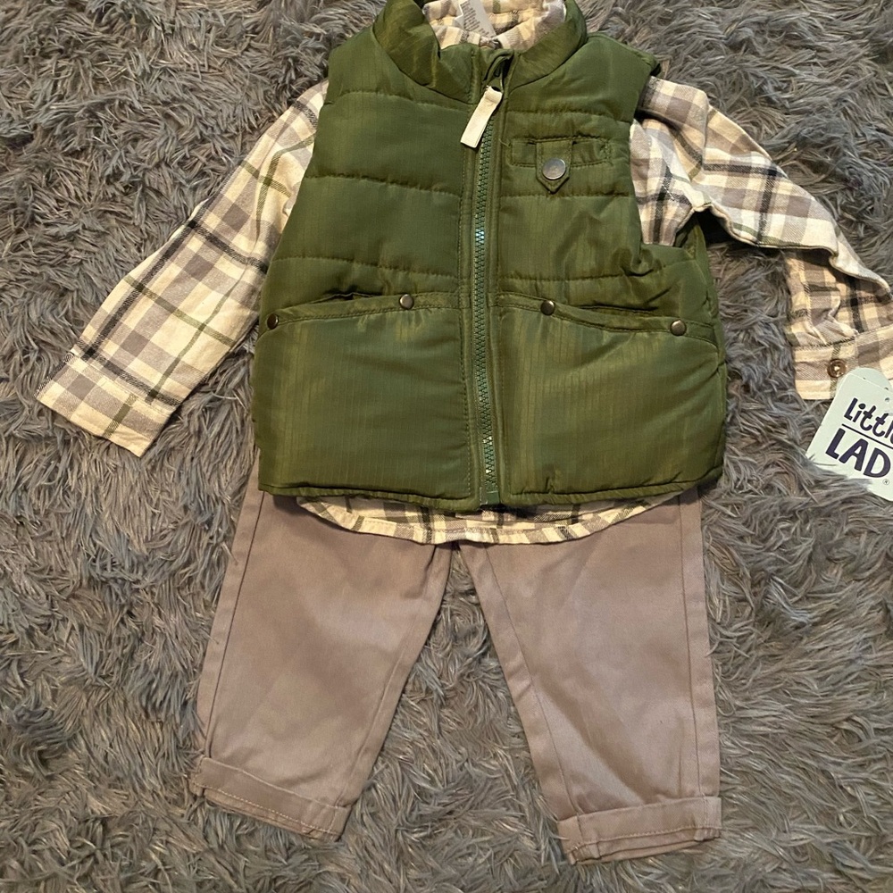Little Lad Green Vest and Plaid Shirt Outfit